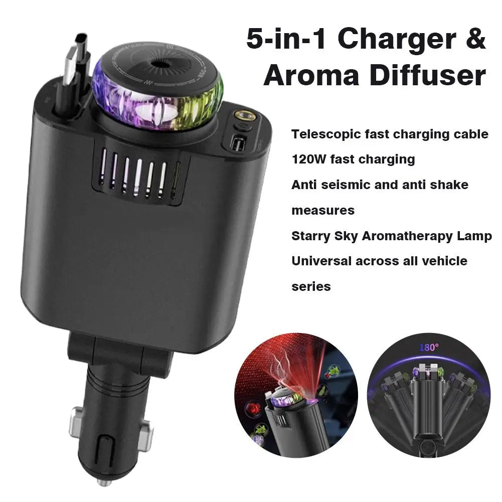 5-In-1 Car Aromatherapy Essential Oil Diffuser Starry Light 45W Retractable Phone Charger With IOS Type C PD30W Cable For I U6S3