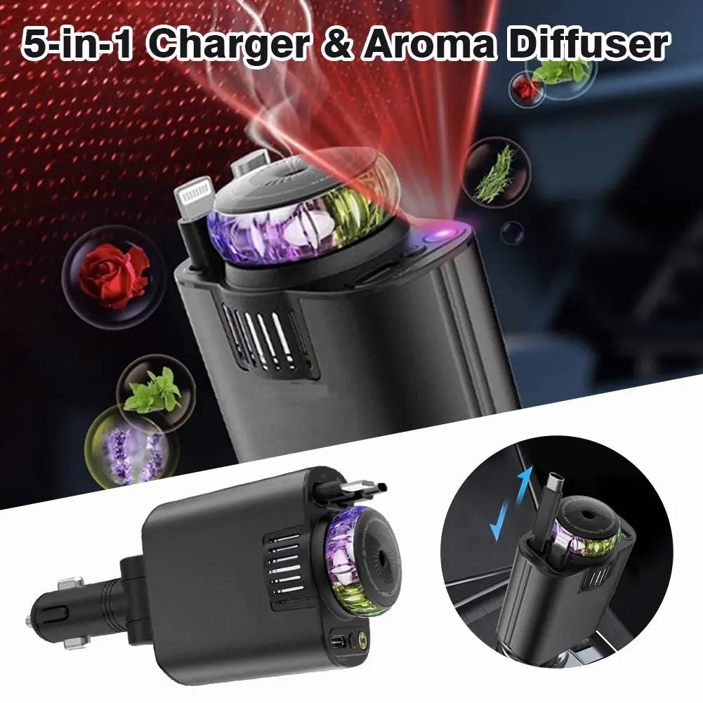 5-In-1 Car Aromatherapy Essential Oil Diffuser Starry Light 45W Retractable Phone Charger With IOS Type C PD30W Cable For I U6S3