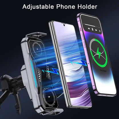 Foldable Phone Car Mount 15W Wireless Charger with 360 Degrees Rotation Dual-Coil Fast Charging Charging Stand for Phones