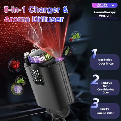 5-In-1 Car Aromatherapy Essential Oil Diffuser Starry Light 45W Retractable Phone Charger With IOS Type C PD30W Cable For I U6S3