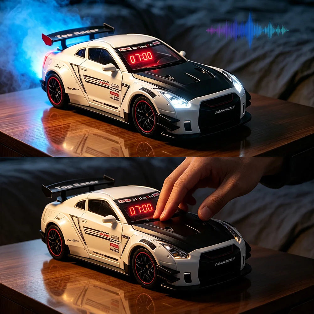 1PCS Sports Hyper Car Alarm Clock, Realistic Engine Roar & Mist Spray Alarm Clock with Remote, LED Light Up Car Model Clock