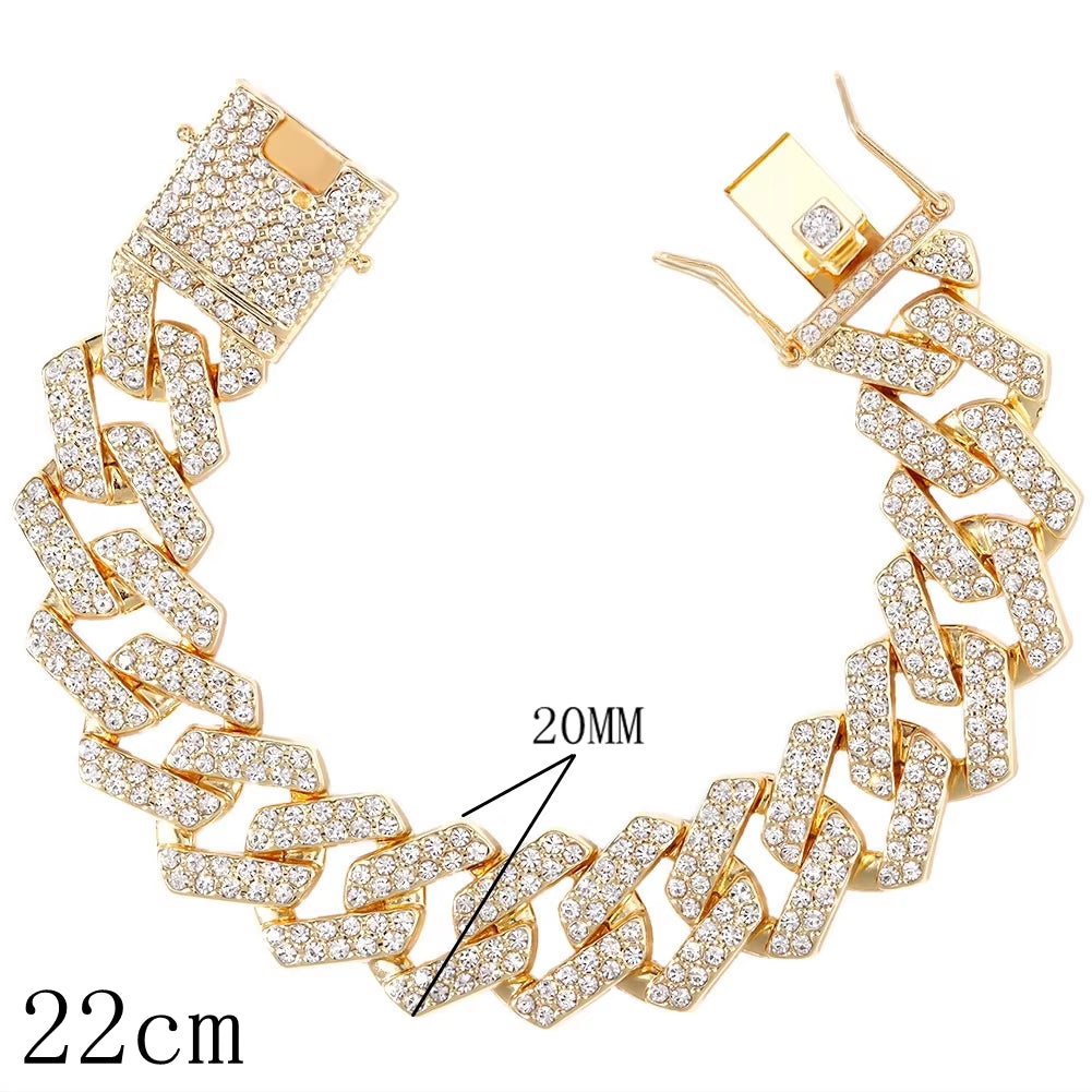 14/20MM Hip Hop Metal Cuban Bracelet Iced Out Chain Bling Full Rhinestone Pave Luxury Crystal Bracelet for Men'S Jewelry Gift