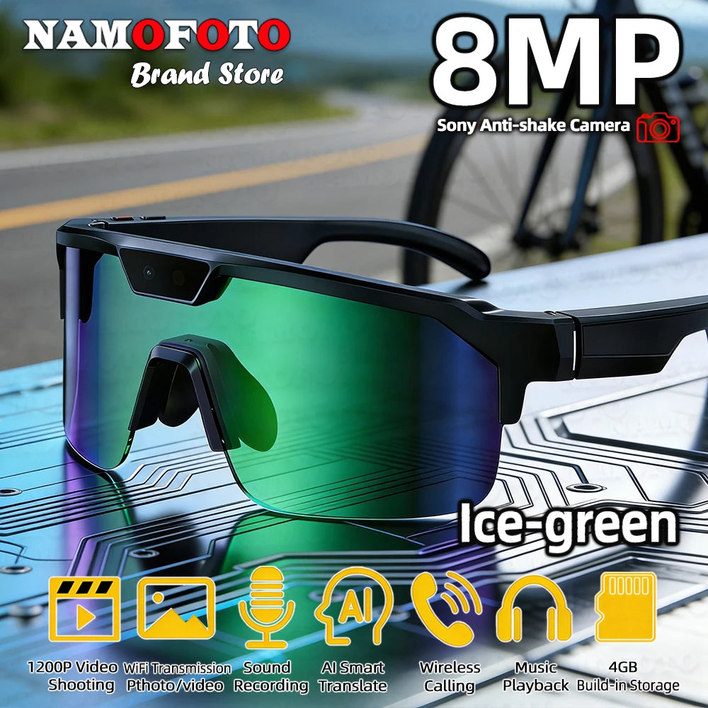 2026 New 8MP Camera Cycling Smart Glasses 1200P Video Record Dual Chip AI Translator BT Call GPT Sports Eyewear for Men Women