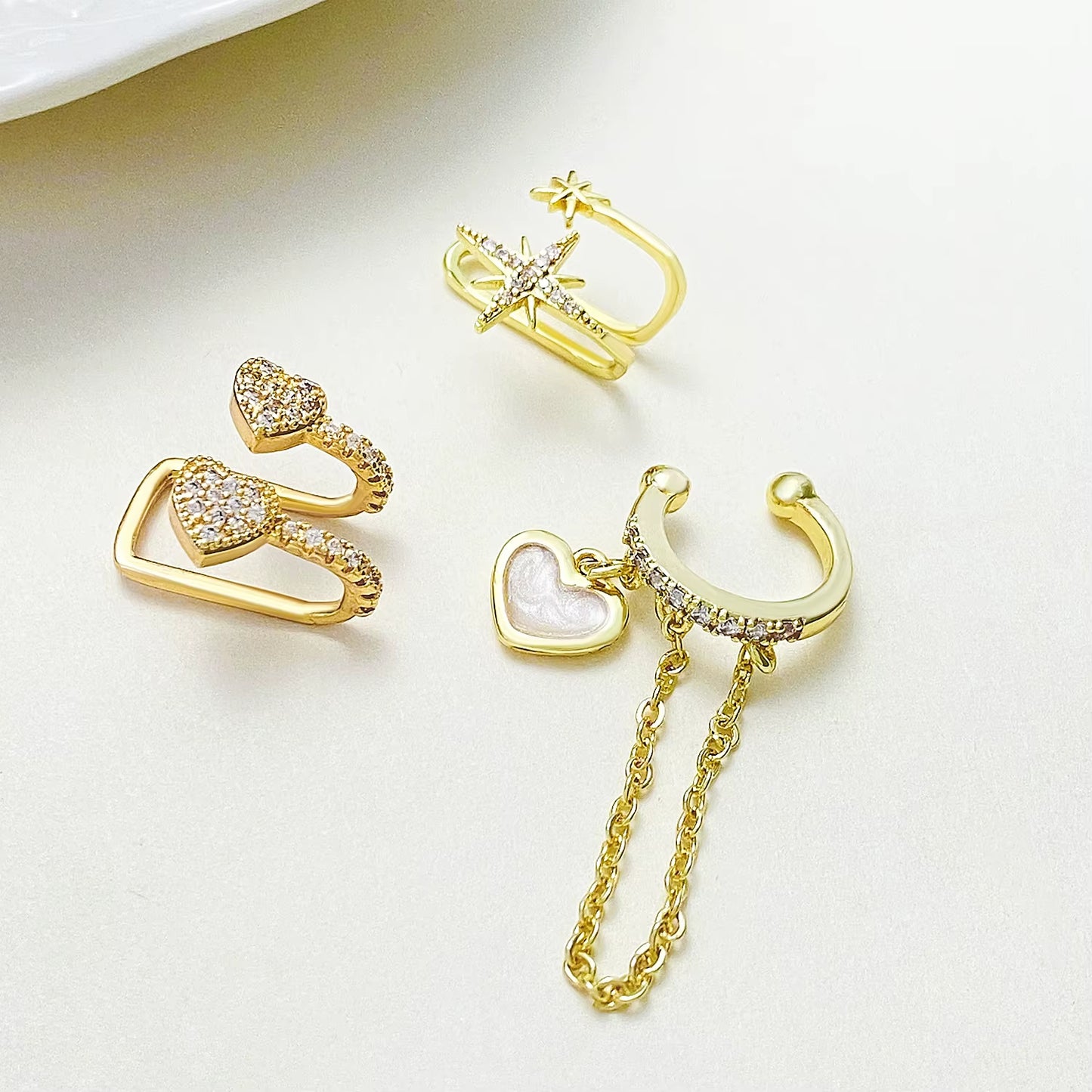 Korean Fashion Crystal Heart Ear Clip Earrings for Women Jewelry Ear Cuffs without Hole Single Double Layer Heart Fake Earrings