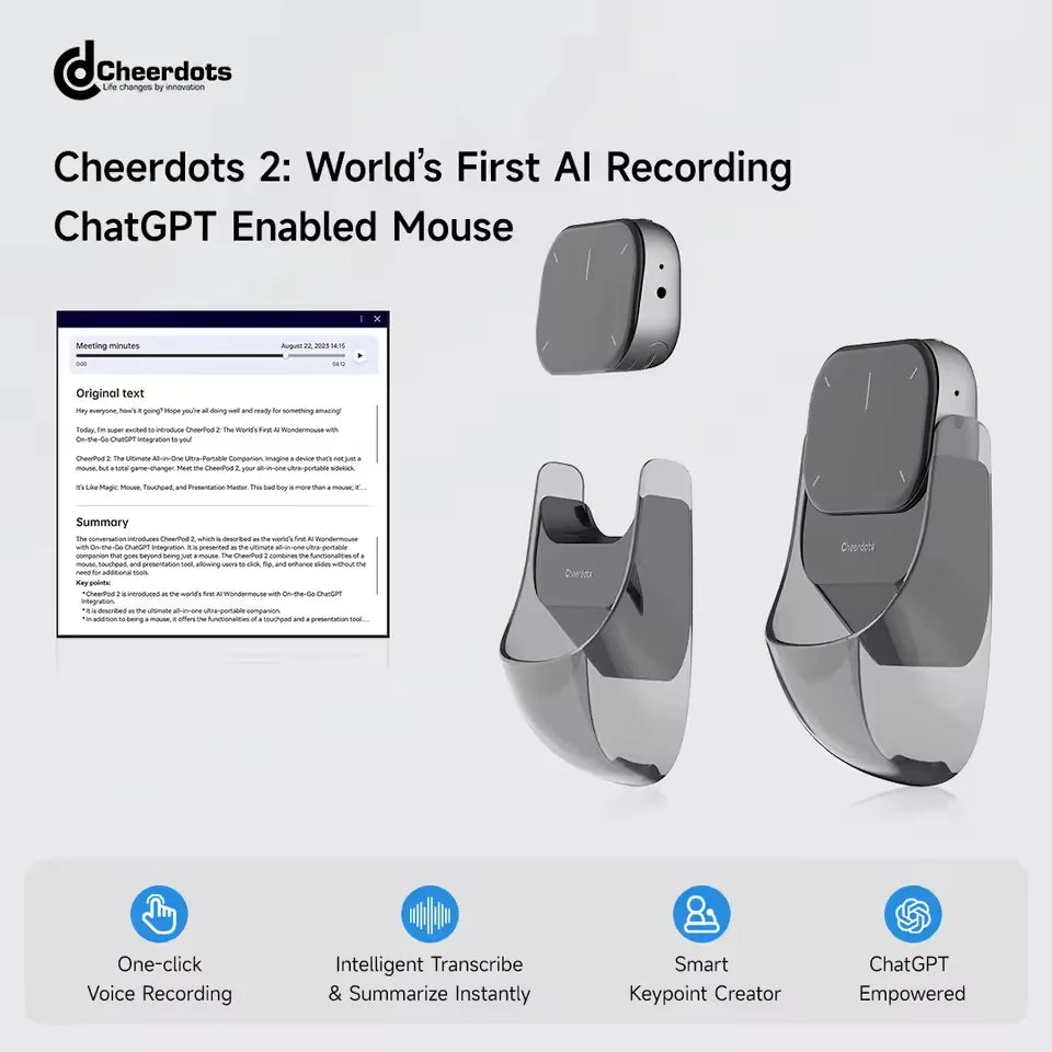 Cheerdots 2 Detachable Air Mouse Wireless Touchpad All-in-one Pocket AI Recording Chat GPT Enabled Mouse Customized Office Mouse