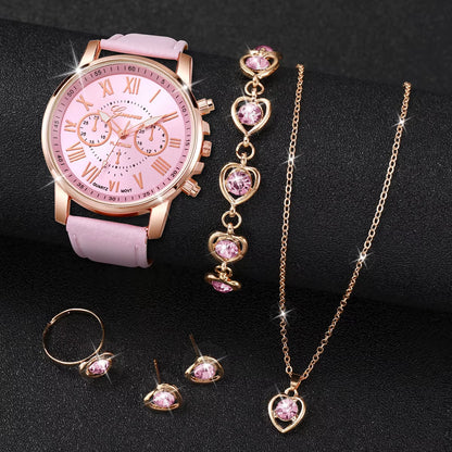 5/6PCS Fashion Women'S Quartz Watch Leather Band Analog Wrist Watches Heart Rhinestone Jewelry Set(Without Box)
