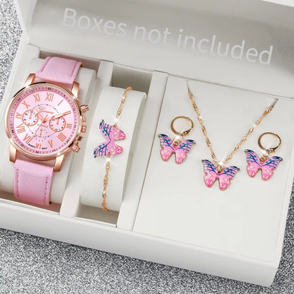 5/6PCS Fashion Women'S Quartz Watch Leather Band Analog Wrist Watches Heart Rhinestone Jewelry Set(Without Box)