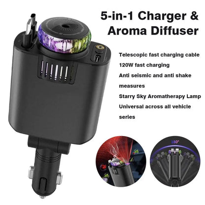 5-In-1 Car Aromatherapy Essential Oil Diffuser Starry Light 45W Retractable Phone Charger With IOS Type C PD30W Cable For I U6S3