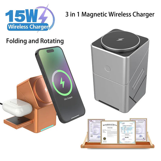 2025 Desktop Portable  Qi2 Phone Wireless Fast Charging Stand Magnetic Foldable 3 in 1 Cube Wireless Charger Dock