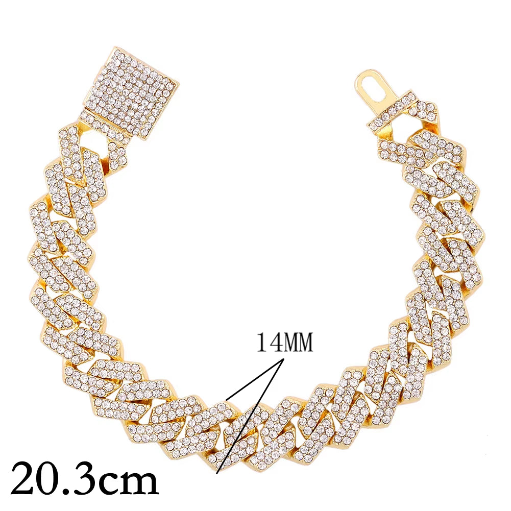 14/20MM Hip Hop Metal Cuban Bracelet Iced Out Chain Bling Full Rhinestone Pave Luxury Crystal Bracelet for Men'S Jewelry Gift