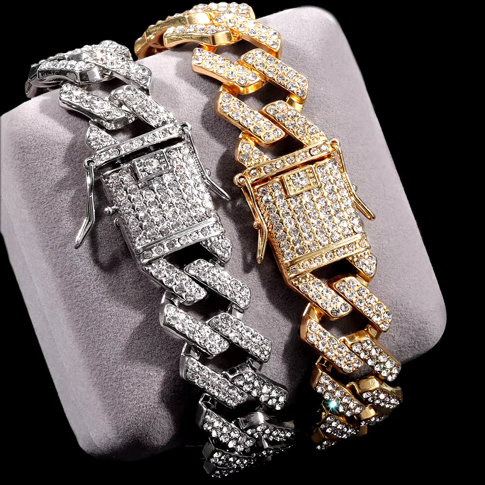 14/20MM Hip Hop Metal Cuban Bracelet Iced Out Chain Bling Full Rhinestone Pave Luxury Crystal Bracelet for Men'S Jewelry Gift