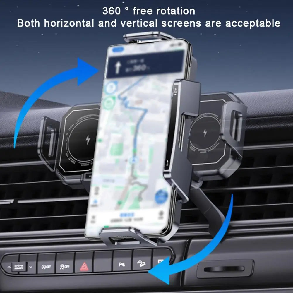 Foldable Phone Car Mount 15W Wireless Charger with 360 Degrees Rotation Dual-Coil Fast Charging Charging Stand for Phones