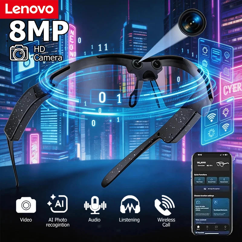 Lenovo 8MP AI Smart Glasses Sports Cycling Eyewear with Intelligent Photography & Video Recording Real-Time Translation
