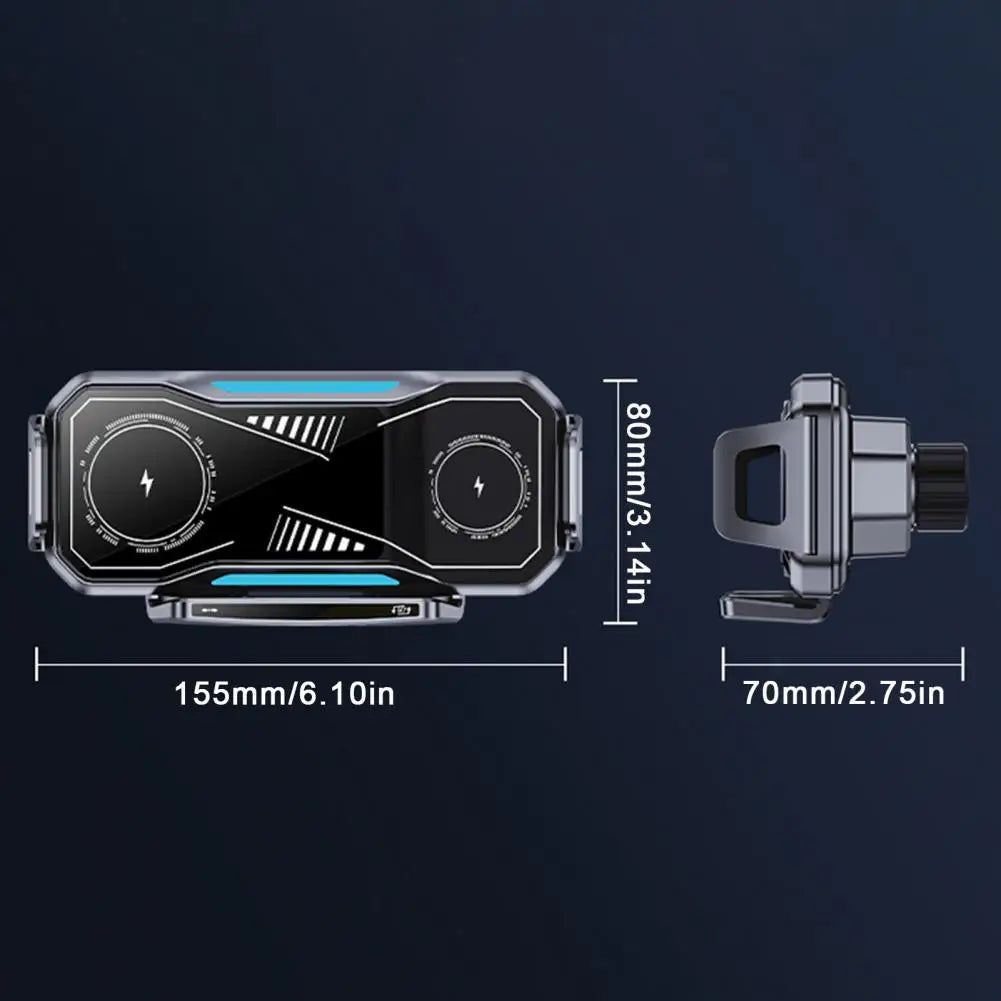 Foldable Phone Car Mount 15W Wireless Charger with 360 Degrees Rotation Dual-Coil Fast Charging Charging Stand for Phones