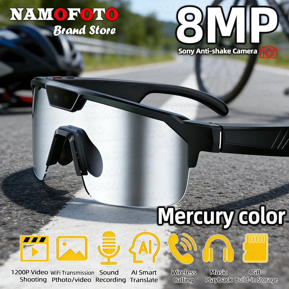 2026 New 8MP Camera Cycling Smart Glasses 1200P Video Record Dual Chip AI Translator BT Call GPT Sports Eyewear for Men Women