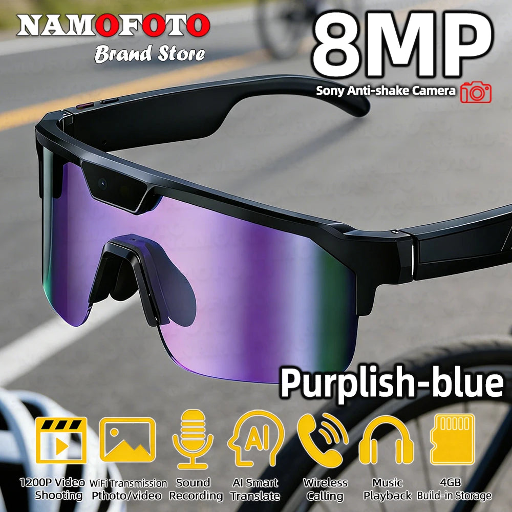 2026 New 8MP Camera Cycling Smart Glasses 1200P Video Record Dual Chip AI Translator BT Call GPT Sports Eyewear for Men Women