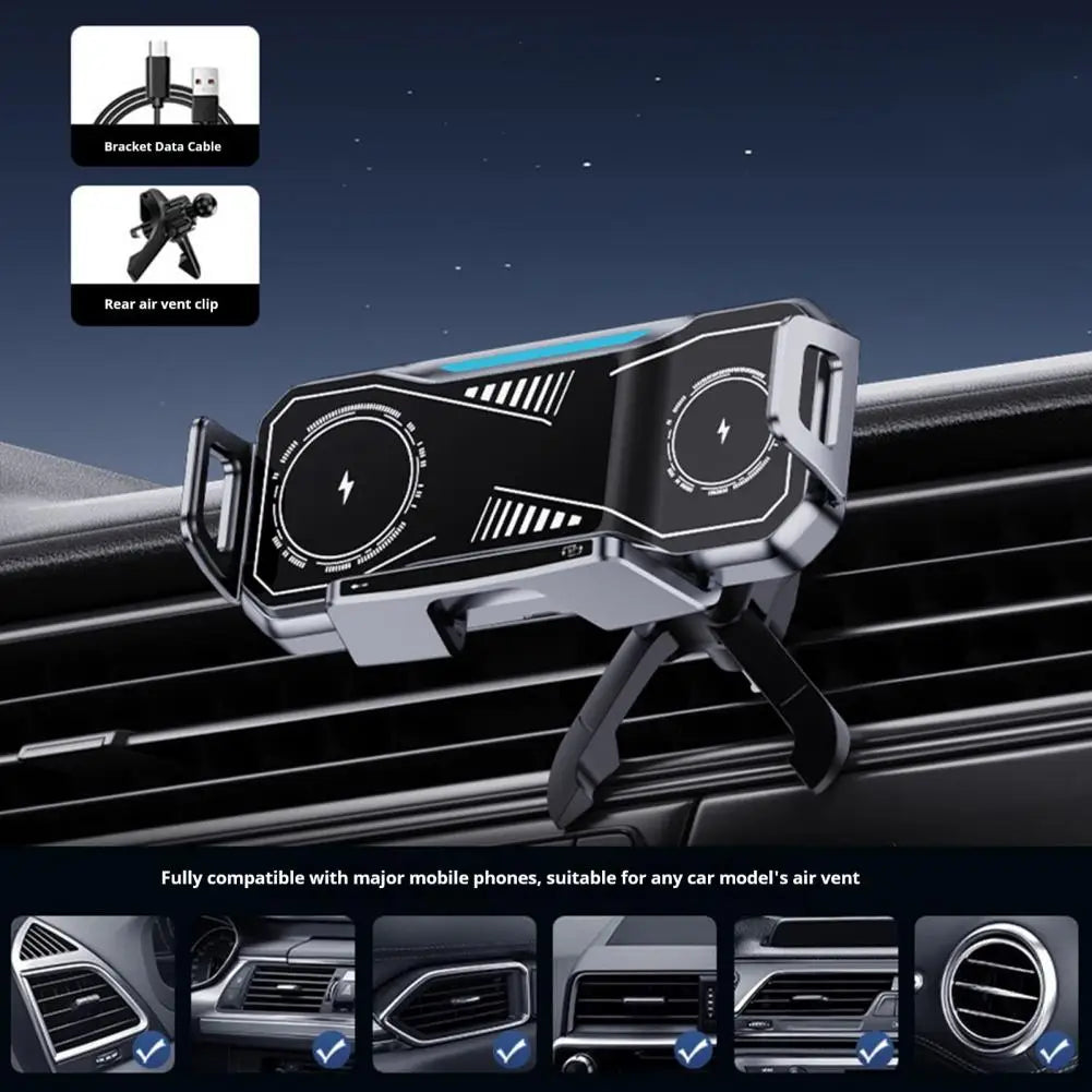 Foldable Phone Car Mount 15W Wireless Charger with 360 Degrees Rotation Dual-Coil Fast Charging Charging Stand for Phones